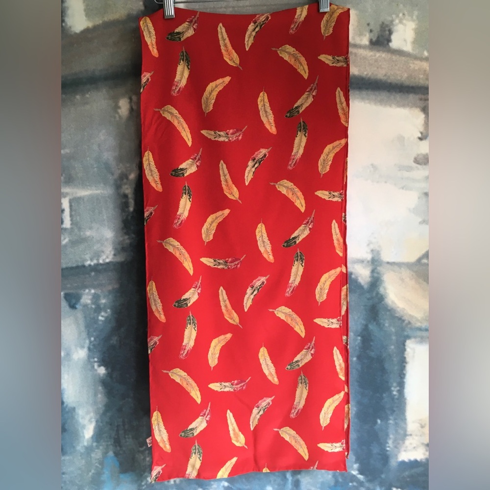 Vintage Charlotte Sparre Red Feather Print Scarf 100% Silk Hand Rolled Edges